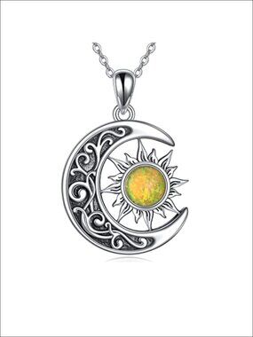 S925 Sterling Silver Sun Moon Pendant Necklace Opal Crescent Star Jewelry Gift
